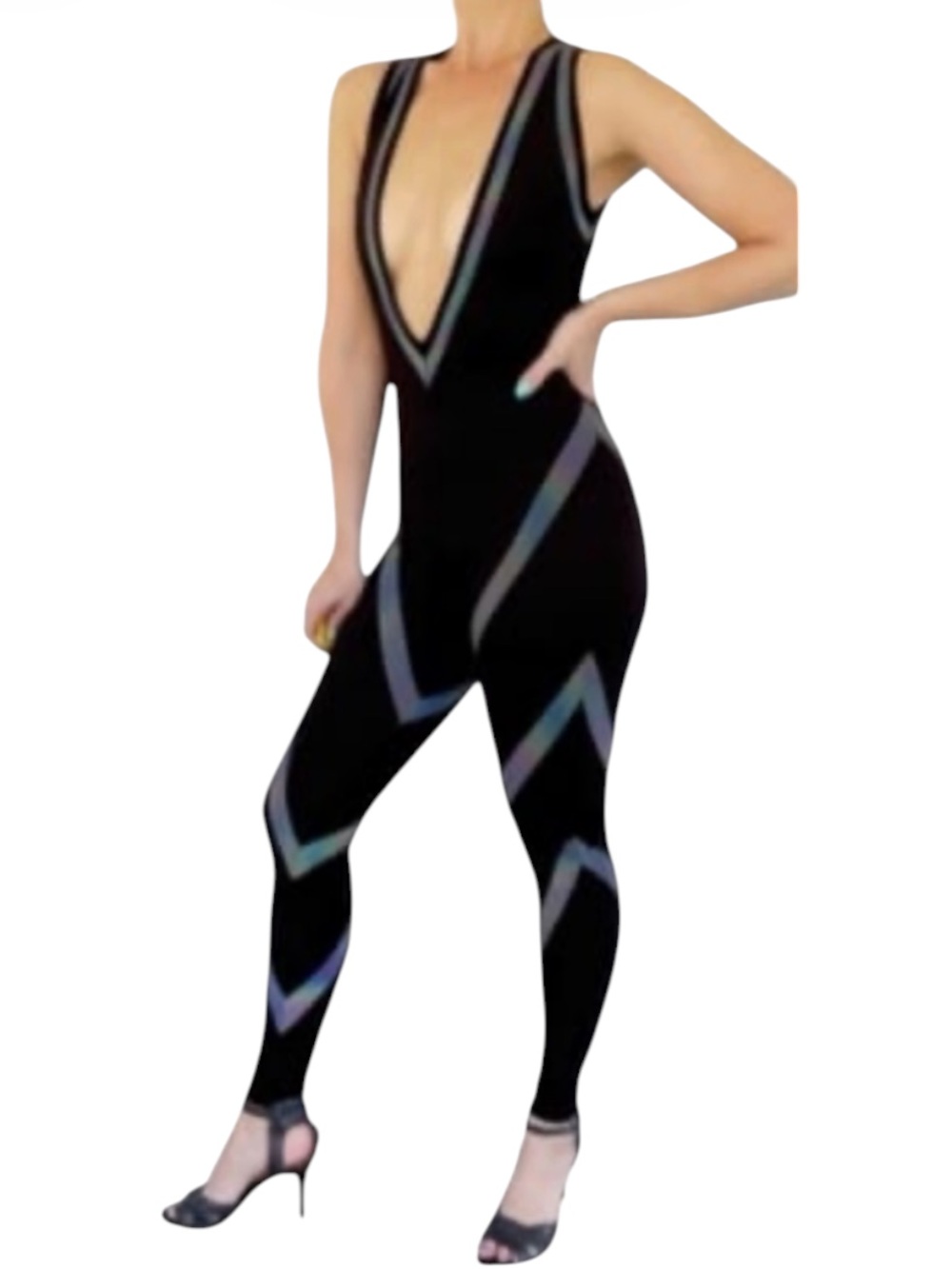 Club Exx Dollskill Strobelight Seduction reflective plunge catsuit size small